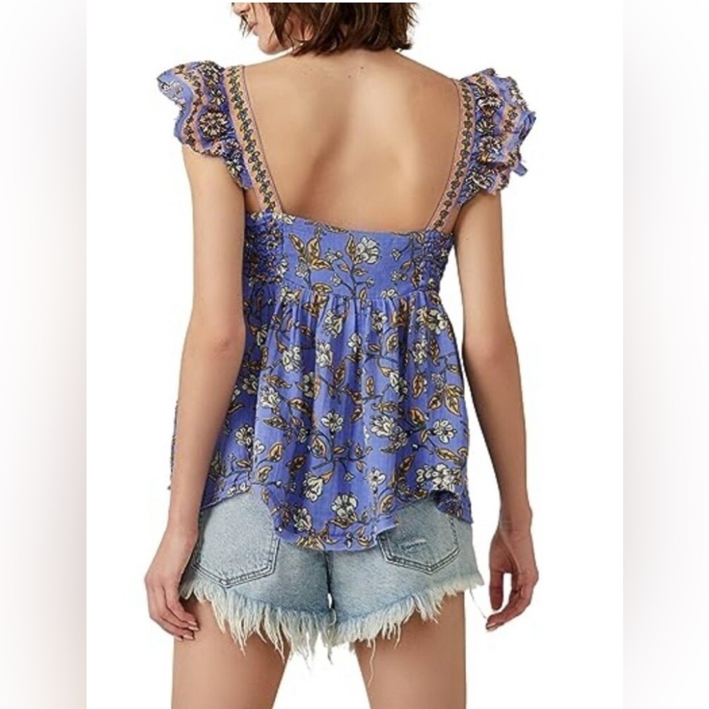 NWT Free People Large Cotton Nala Floral Babydoll Top Blue Orange Cotton - Picture 12 of 12